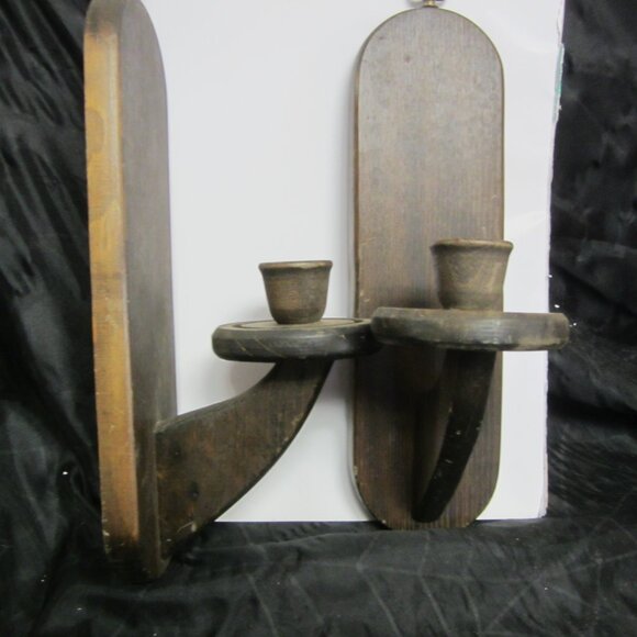 RETRO 70'S COLONIAL STYLE WOODEN CANDLE WALL SCONCES, HAND MADE, DK WOOD - Picture 4 of 8